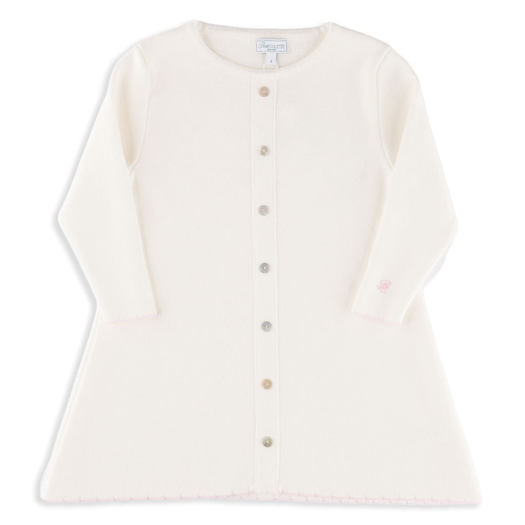 Megve Dress in Ivory with Pink Scallop Trim 2Y