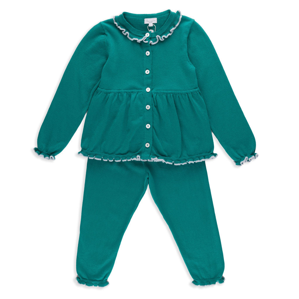 Valencia Cardigan + Pant Set in Emerald Green with Slate Blue