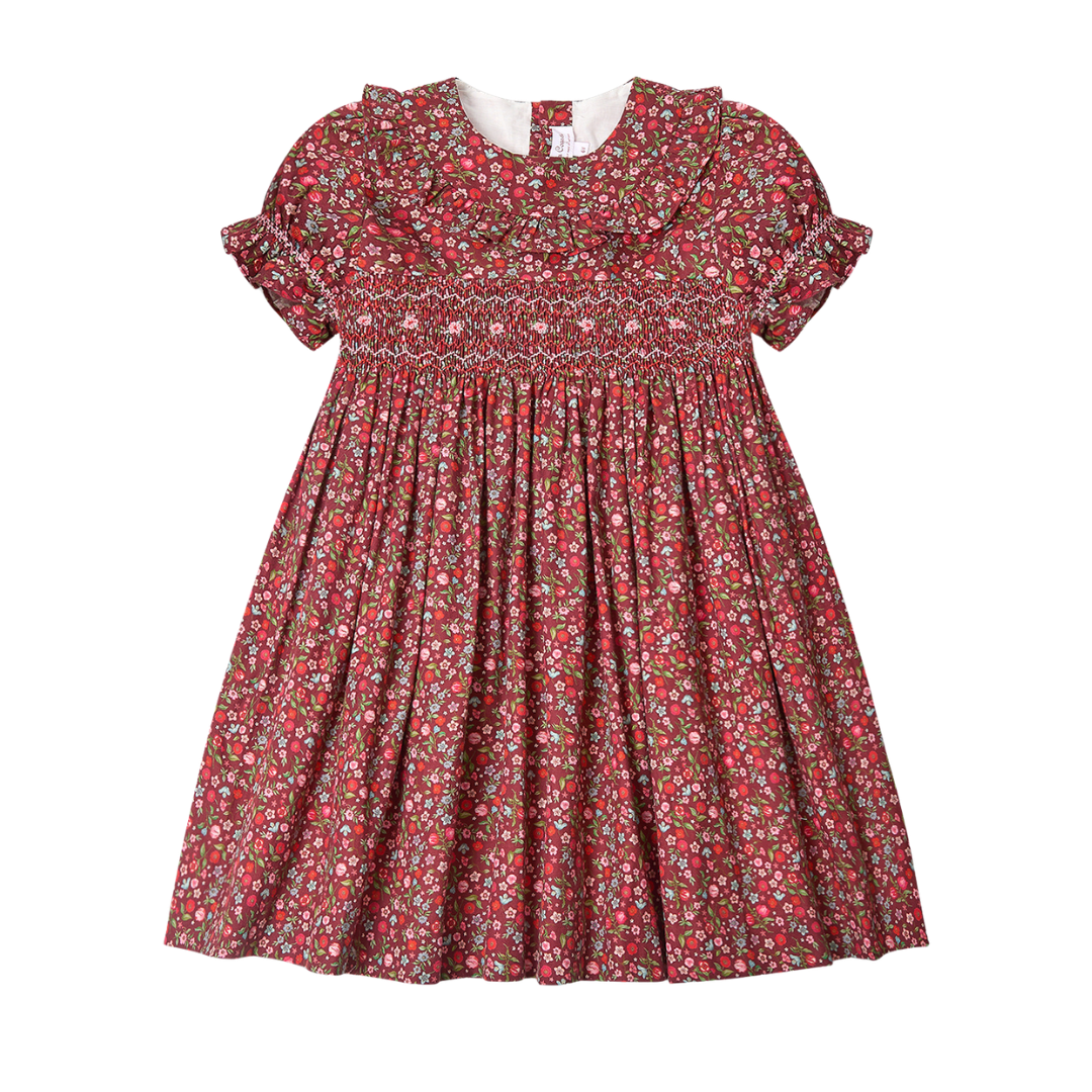 La Coqueta Kids - Burgundy Floral Silvana Girl Hand-Smocked Dress