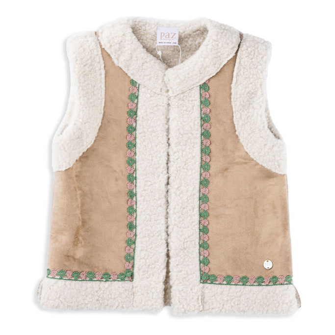 Faux Fur Lined Suede Vest with Green and Pink Embroidery Bea Colette