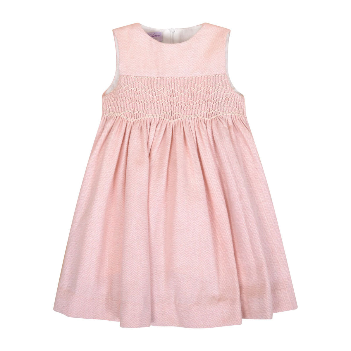 Carmen Pink Wool Herringbone Pinafore Dress with Round Neckline and Mo