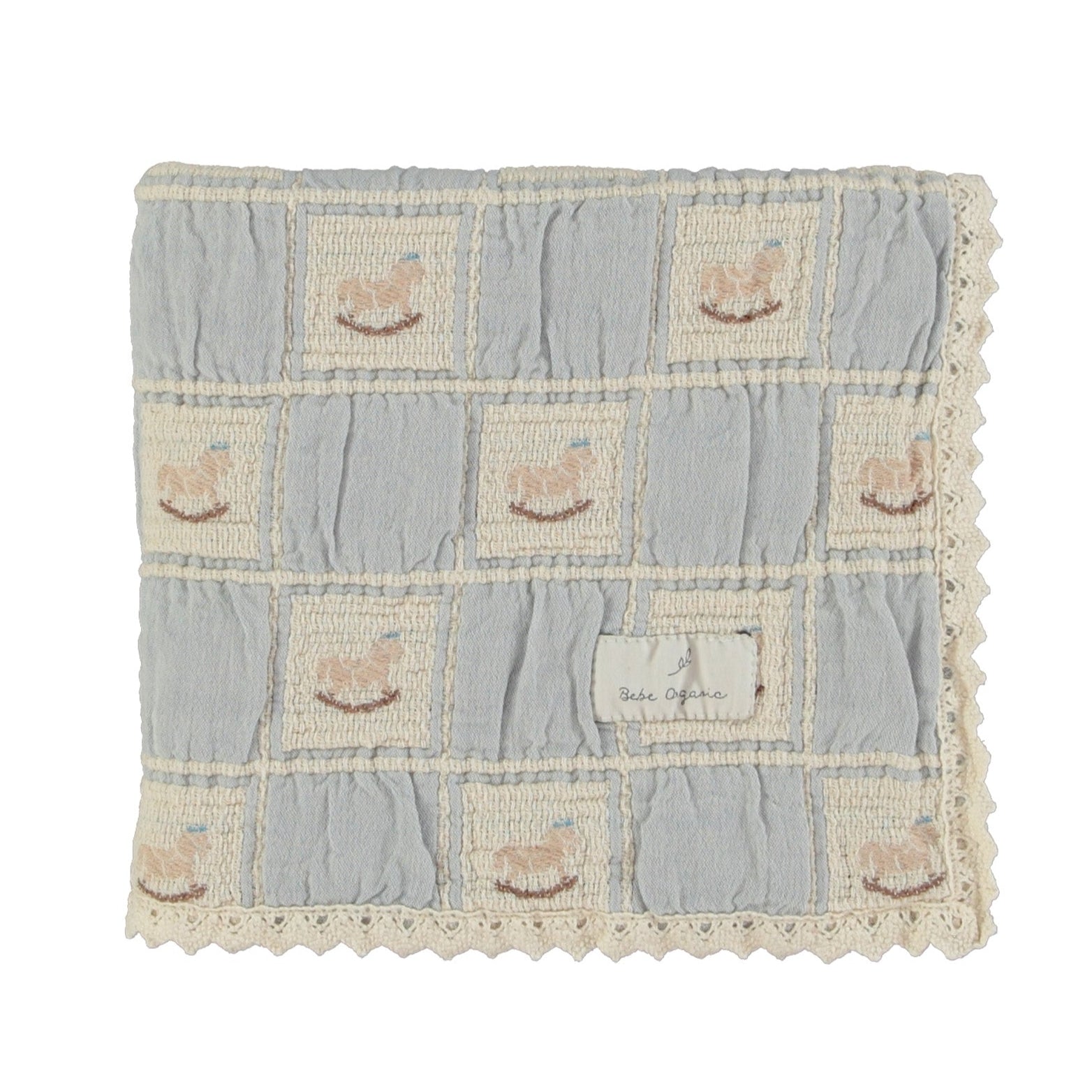Blue Rocking Horse Patchwork Blanket – Soft Baby Blanket Vintage Blue‎ Rockinghorse Baby Blanket Hearts Acryl Velours Biederlack USA Made main image 1