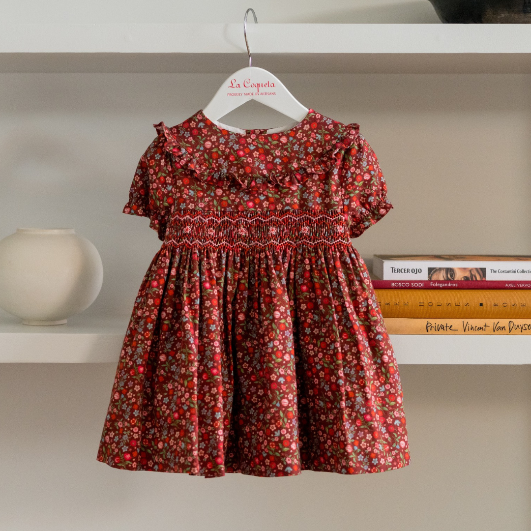La Coqueta Kids - Burgundy Floral Silvana Girl Hand-Smocked Dress