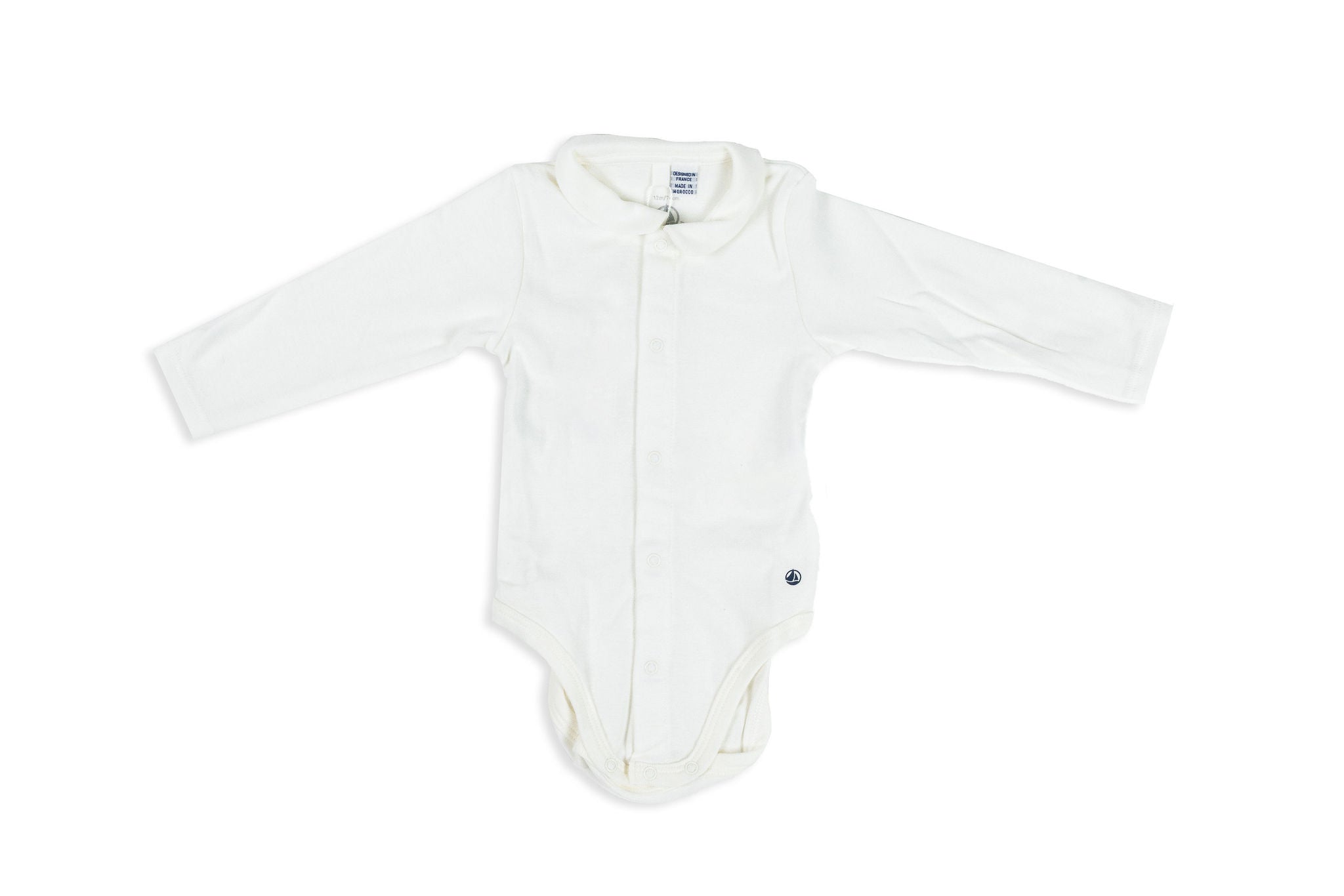 Baby Boy White Long Sleeve Bodysuit with Collar Bea Colette