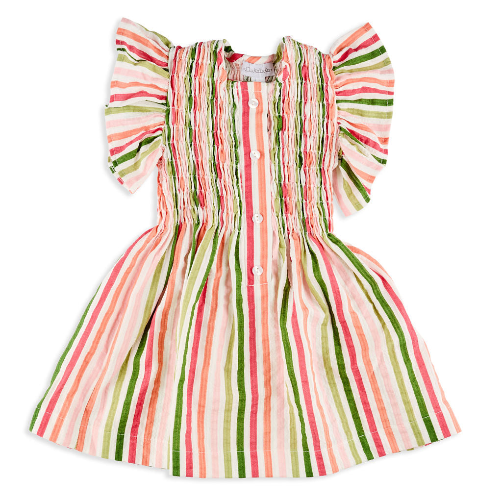 Poppy Smocked Dress in Rainbow Stripe 5Y
